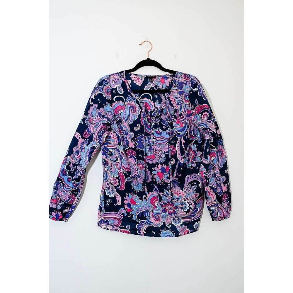 Talbots Petite Blouse LP Paisley Floral Boho Office Career Top Spring Cotton